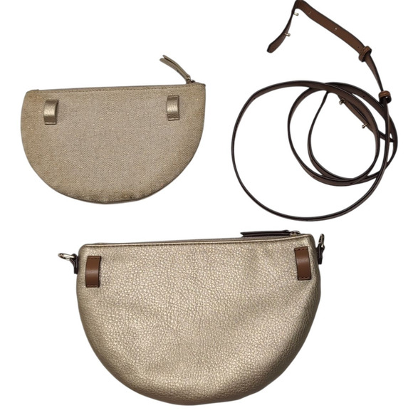 Stella & Dot Sidekick Convertible Crossbody / Belt Bag Gold Faux Leather/Fabric - Picture 3 of 15